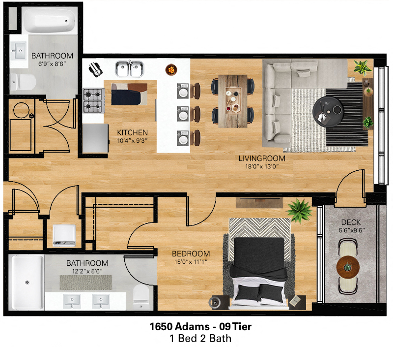 Floor plan for 1 bed, 2 baths, 835 sqft